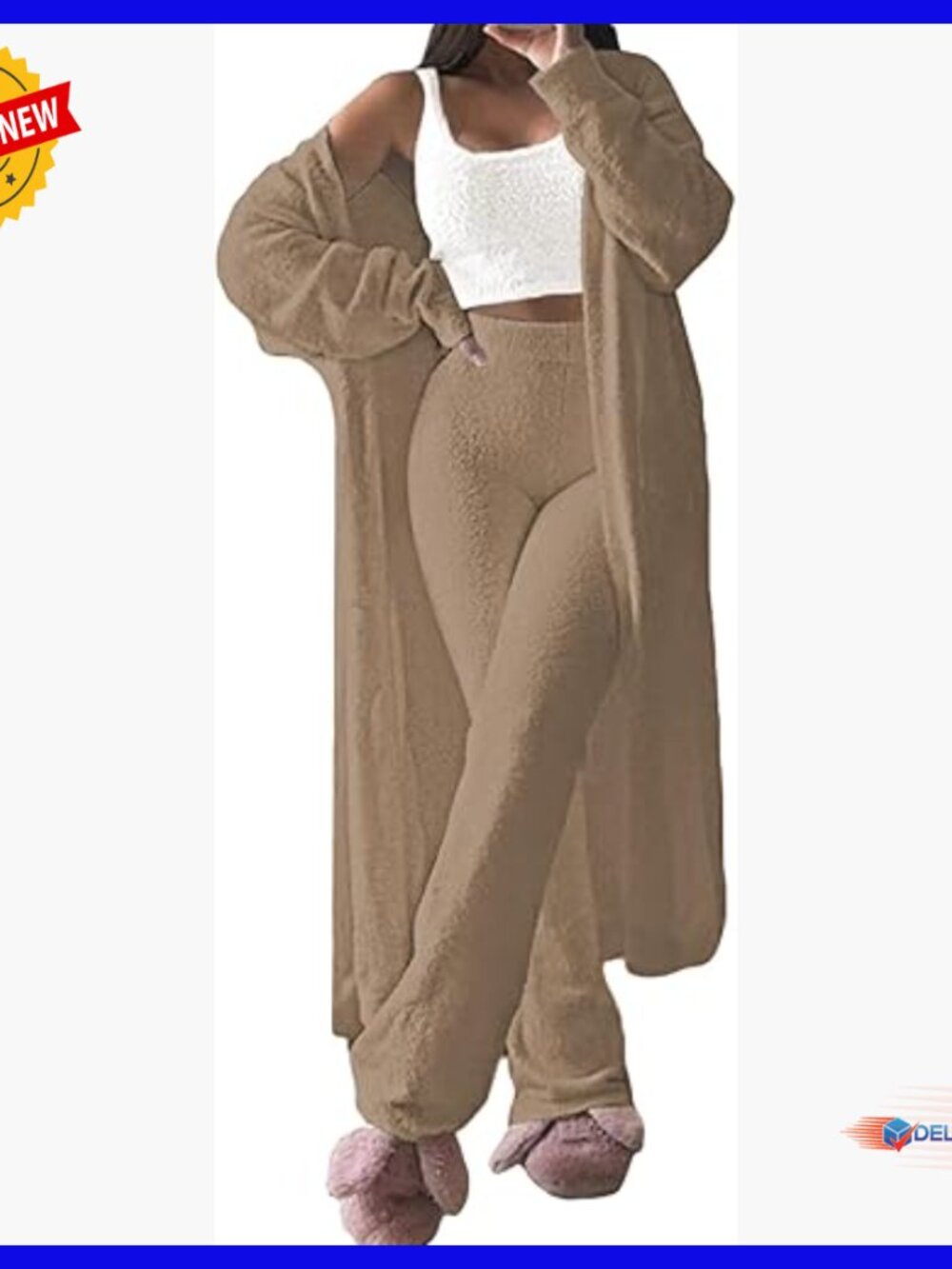 Fuzzy 3-Piece Lounge Set with Cardigan, Crop Top, Wide Leg Pants